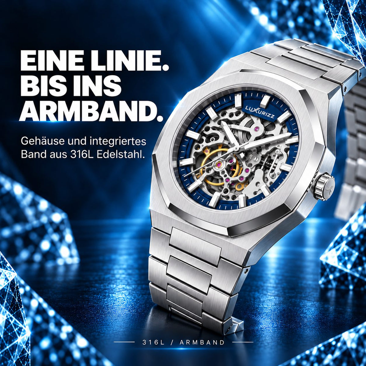 Luxurizz Skeleton Automatikuhr Silber Blau, Gehäuse und integriertes Band aus 316L Edelstahl