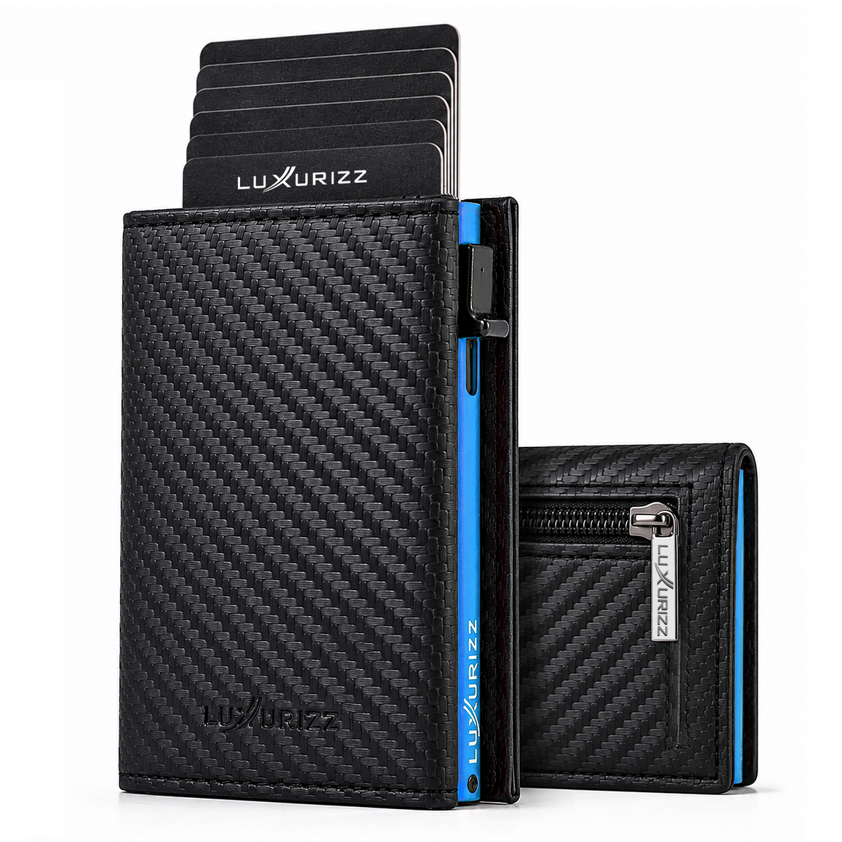 Luxurizz® Slim Wallet mit Magnetverschluss – Blau Carbon, Frontansicht