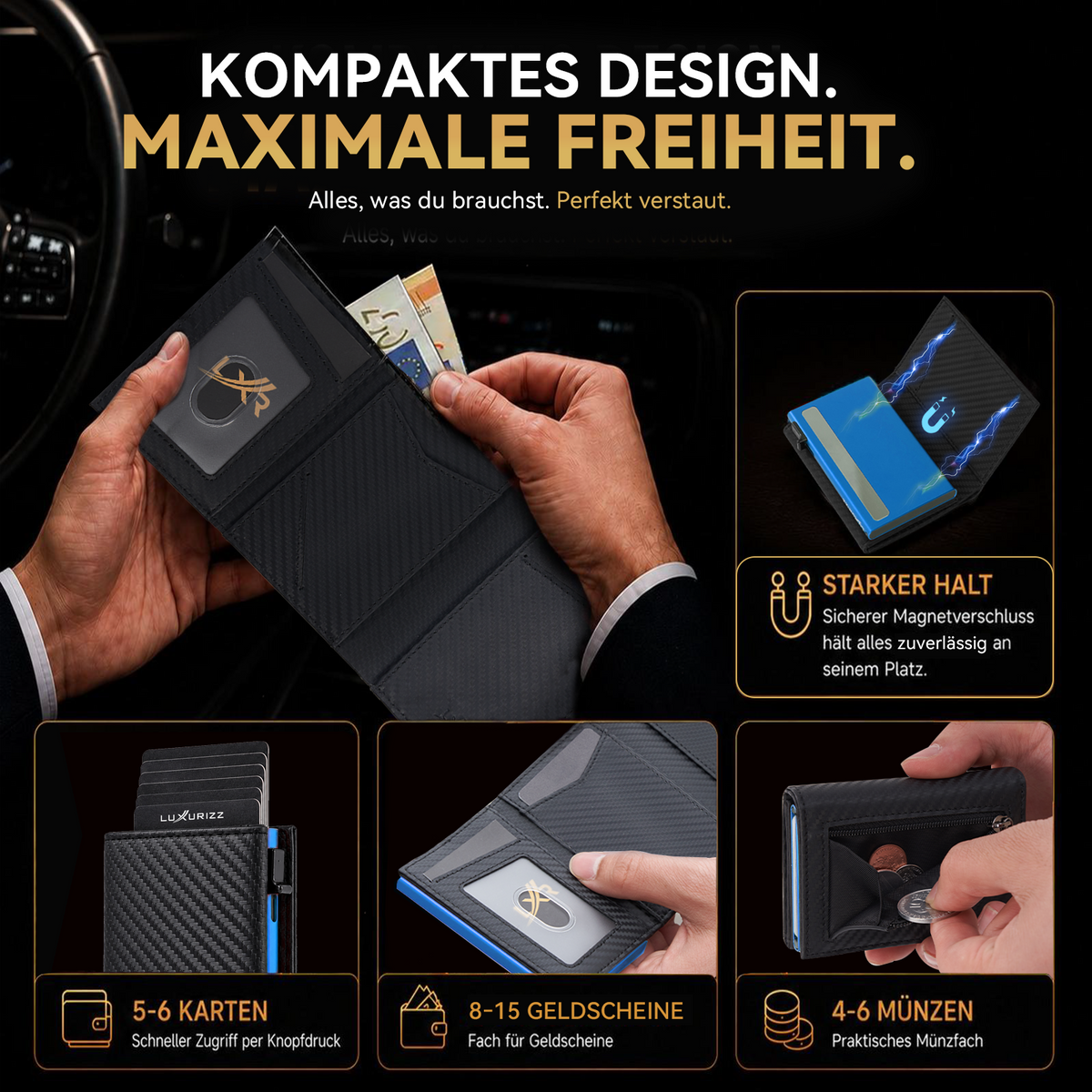 Luxurizz® Slim Wallet mit Magnetverschluss – Blau Carbon, Ansicht 4