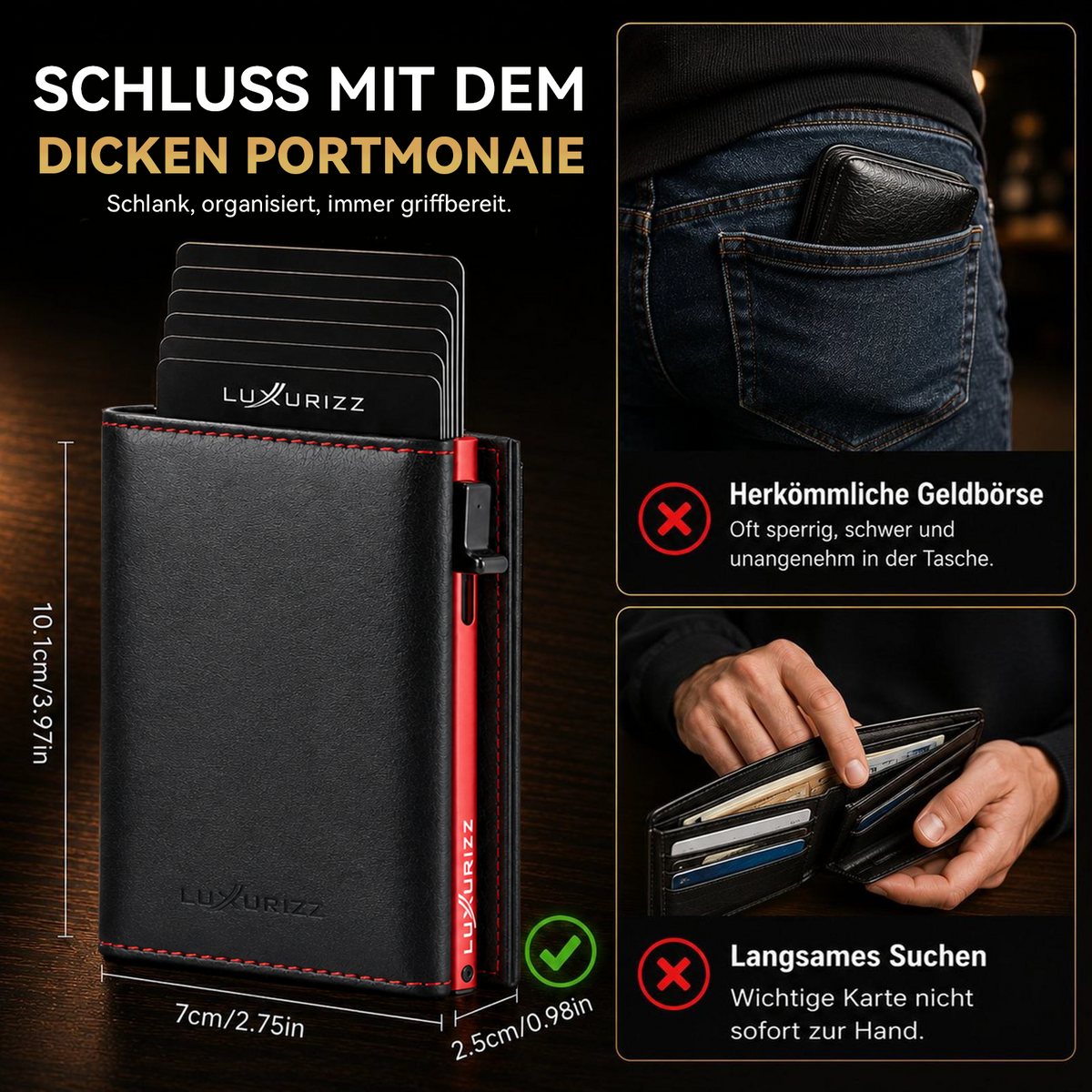 Luxurizz® Slim Wallet mit Magnetverschluss – Rot Glatt, Ansicht 3